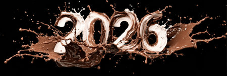 Bold chocolate splashes shape the number 2026, showcasing an artistic and dynamic representation against a dark backdrop, highlighting movement and creativity.の素材