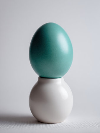 A teal-colored egg is elegantly balanced on a white oval pedestal, showing a simple yet striking design in a minimalist arrangement.の素材