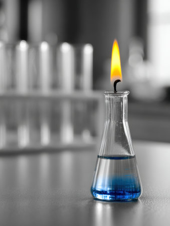 A laboratory scene shows a conical flask with blue liquid and a flame burning at the top.の素材
