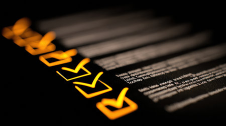 A series of bright orange check marks stand out against a dark background, indicating completed tasks on a neatly arranged list.の素材