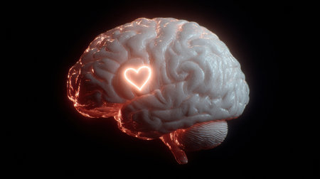 Realistic brain sculpture features a glowing heart at its center, set against a dark background that enhances its detailed structure and warm light.の素材