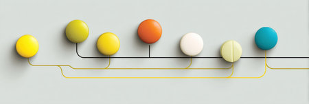 Colorful round objects in yellow, orange, white, and blue arranged in a straight line with thin connecting lines on a soft gray background.の素材