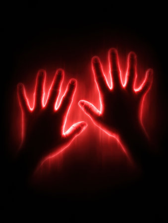 Two hands illuminated in red light create a dramatic contrast against a dark background, emphasizing form and movement in a compelling artistic scene.の素材