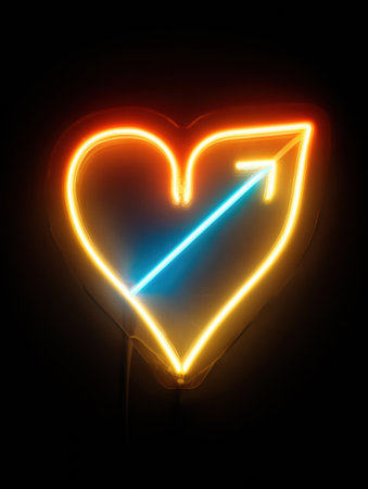 A vibrant neon heart with an arrow illuminated in orange and blue glows against a black backdrop, creating a striking visual effect that attracts attention.の素材