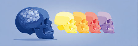 Several stylized skulls in various colors illustrate concepts of thought and identity, showing a colorful gradient that represents different mental states.の素材
