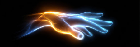 A hand appears to be glowing with bright orange and blue colors against a black backdrop. The light suggests movement and energy, creating a captivating effect.の素材