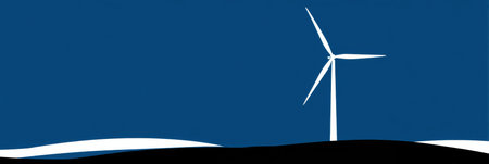 A wind turbine stands tall against a vibrant blue sky, surrounded by smooth hills under bright sunlight, showing renewable energy in action.の素材