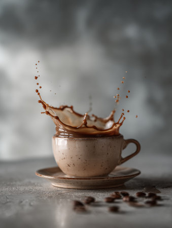 A ceramic coffee cup sits on a saucer as cream is poured in, sending droplets flying and creating a dynamic scene against a blurred background.の素材