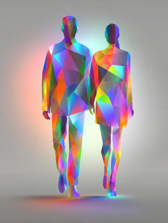 Two figures walk side by side, created with colorful triangles, reflecting light in a vibrant artwork that emphasizes togetherness and creativity.の素材
