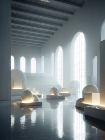 A bright interior space showcases modern architecture with geometric shapes illuminated softly.の素材