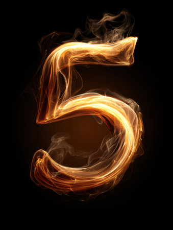 A luminous number five crafted from smoke glows vividly in a dark setting, showcasing captivating shapes and light effects with rich textures.の素材