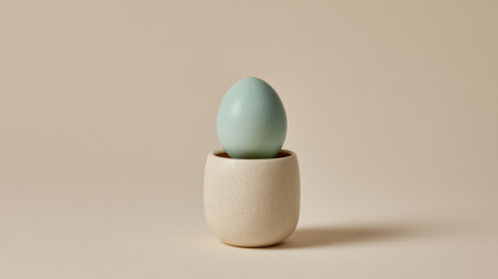 A pastel blue egg sits upright in a simple ceramic holder, set against a soft, neutral backdrop that enhances the serene and calming aesthetic.の素材