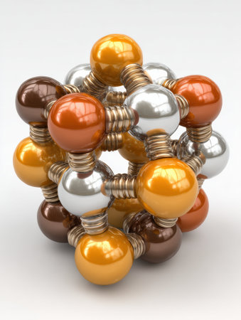 A detailed representation of a molecular structure with colorful spheres symbolizing atoms connected by metallic bonds, showing scientific concepts.の素材