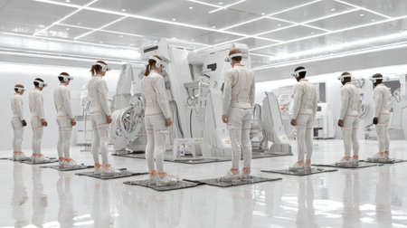 Futuristic individuals in modern attire line up, using high-tech machinery in a bright, sterile space to enhance their skills.の素材