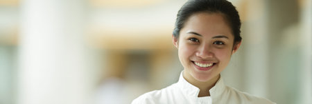 A cheerful healthcare worker stands confidently in a well-lit hospital corridor, ready to provide care and support for patients at any time.の素材