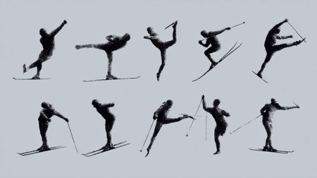Skiers demonstrate various techniques and styles in a series of dynamic poses, capturing the essence of winter sports and athletic skill in a snowy landscape.の素材