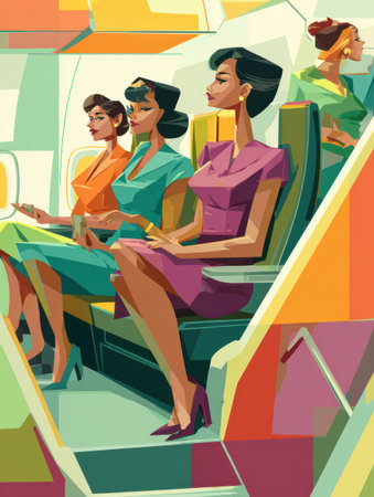 Four women in stylish dresses sit in an airplane cabin, each showcasing unique colors and hair styles, creating a lively atmosphere in mid-flight.の素材