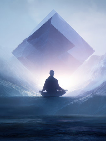 A person sits in a cross-legged position, meditating peacefully in a tranquil environment, with a large geometric figure hovering in the background.の素材