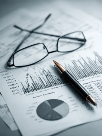 Glasses and a pen rest on top of financial analysis papers covered in charts and graphs, suggesting a focus on data evaluation and reporting.の素材