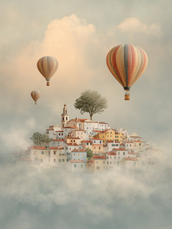 Brightly colored hot air balloons float gently over a charming village nestled in clouds, showcasing a serene morning landscape filled with soft hues.の素材