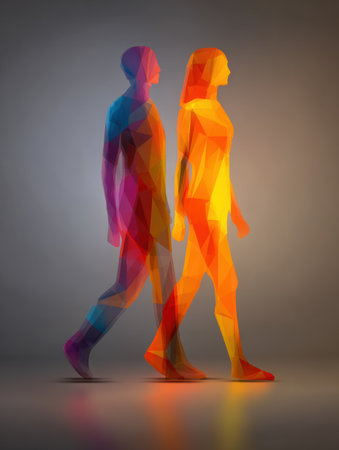 Two abstract figures walk side by side, showcasing dynamic movement through vibrant colors and geometric shapes, creating a captivating visual experience.の素材