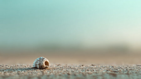 A delicate seashell lies on the fine sand of the beach as the sun rises, casting a calm atmosphere and creating a peaceful scene.の素材