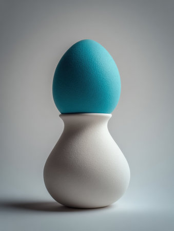 A turquoise egg shape rests atop a smooth, white ceramic base in a modern design setup against a neutral gray backdrop emphasizing simplicity and elegance.の素材