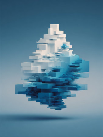 Geometric shapes in blue and white create an abstract floating sculpture, capturing attention with a three-dimensional design in a clean background.の素材