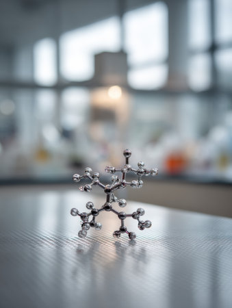 A detailed molecular model is showcased on a smooth lab countertop, with various scientific instruments and containers softly blurred in the background.の素材