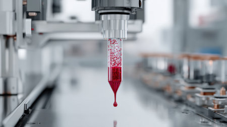 Precision equipment dispenses a droplet of red liquid in a laboratory setup, showing advanced technology and meticulous processes in scientific research.の素材