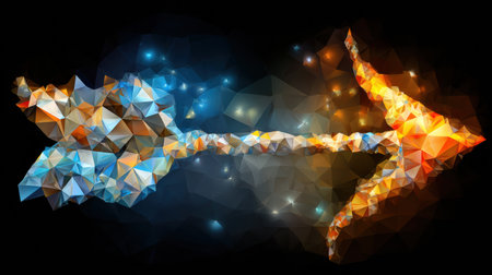 Geometric shapes form an abstract arrow design, showing vibrant colors blending from blue to orange against a dark background.の素材