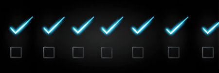 Light blue checkmarks illuminate against a black background, representing confirmed actions or completed tasks in a digital setting.の素材