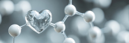 A clear glass heart sits amid white molecular structures, symbolizing the intersection of love and science in a visually striking way.の素材