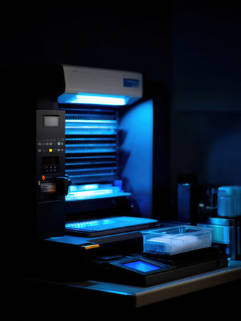 High-tech scanning device placed in a dimly lit room with blue lighting, emphasizing its advanced design and features for precise document scanning.の素材