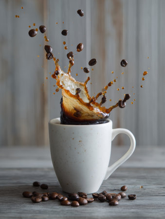A cup of coffee splashes energetically as dark beans scatter, showcasing a lively scene in a warm and inviting cafe atmosphere.の素材
