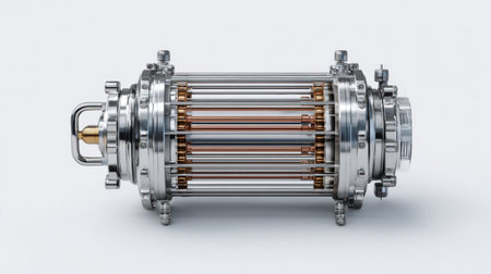 This object showcases a metallic engine part with transparent tubes and a polished finish, highlighting its intricate design under neutral lighting.の素材