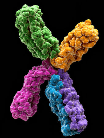 Vividly colored molecular structures display complex interactions and forms, emphasizing intricate details enhanced through advanced imaging methods.の素材