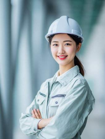 Confident woman in a hard hat stands with her arms crossed at a construction location, showing professionalism and safety in her work environment.の素材