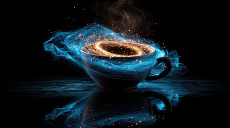 A coffee cup holds a swirling galaxy with shimmering particles, creating a magical and imaginative scene that captivates the viewers attention.の素材