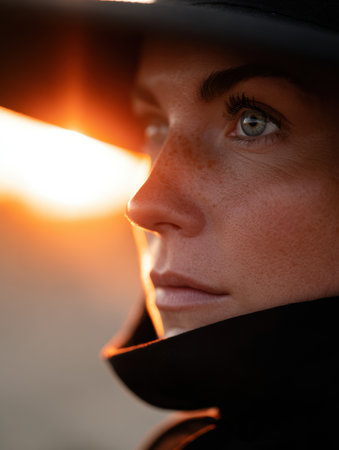 Woman with blue eyes gazes into the distance as sunset light enhances her features. The soft glow creates a serene and contemplative atmosphere.の素材
