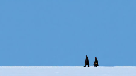 Two individuals dressed in dark clothing walk slowly across a wide expanse of snow, embraced by a bright blue sky above, creating a serene winter scene.の素材