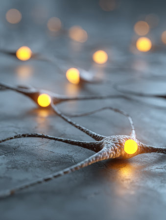 Delicate glowing connections spread across a textured surface, showing the intricate beauty of technology and design during a dimly lit evening.の素材