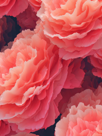 A close-up view showcases lush coral roses, their delicate petals overlapping to form an intricate, vibrant pattern that exudes beauty and vibrancy.の素材