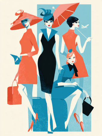 Four fashionable women in striking outfits and hats exude confidence against a colorful backdrop, capturing the essence of vintage chic style and grace.の素材