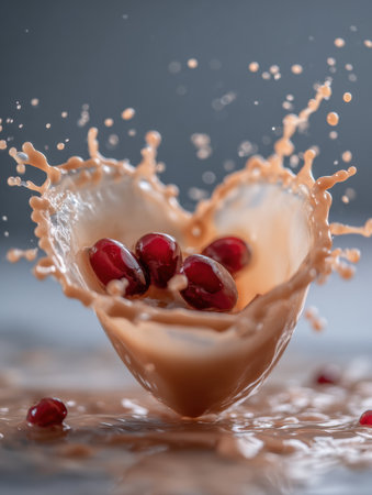Chocolate forms a heart-shaped splash as vibrant red berries are caught in mid-air, creating an appealing visual contrast in an artistic scene.の素材