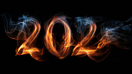 Bold flames and swirling smoke form 2021, showcasing creativity against a dark backdrop that enhances the spectacle.の素材