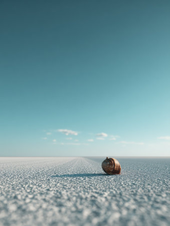 A snail slowly moves over a barren white surface, with an expansive blue sky above and a sense of tranquility in the scene during the day.の素材