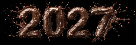 Chocolate splashes form the year 2027, representing celebration and joy, ideal for festivities and events centered around the upcoming new year.の素材