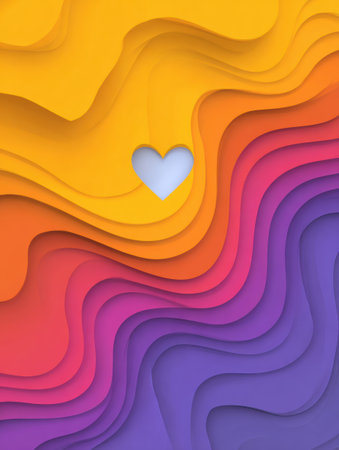 Colorful layers of paper create a wavy pattern, with a heart shape cut out in the middle, blending warm and cool tones in a vibrant display.の素材