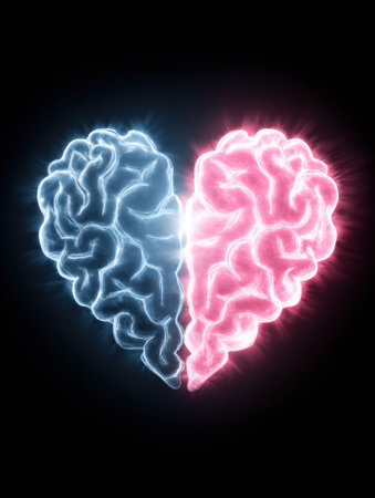 An artistic representation featuring two halves of a brain, one blue and one pink, forming a heart shape. This creates a visual metaphor for emotional duality.の素材